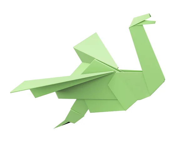 Grüne Origami-Vogel isoliert auf weißem Hintergrund. 3D-Darstellung — Stockfoto