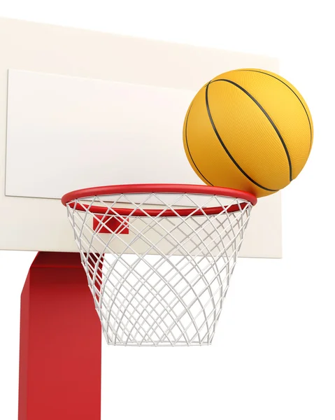 Μπάλα μπάσκετ στο καλάθι closeup που απομονώνονται σε λευκό φόντο. απόδοσης 3D. — Φωτογραφία Αρχείου