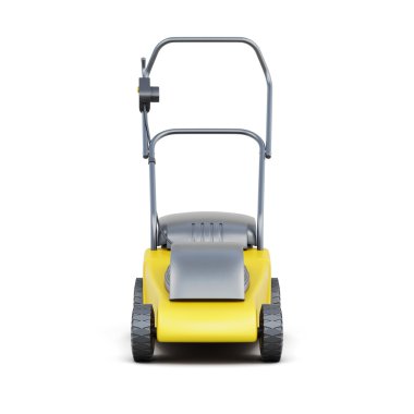 Frontal view of a lawn mower isolated on a white background. Yel
