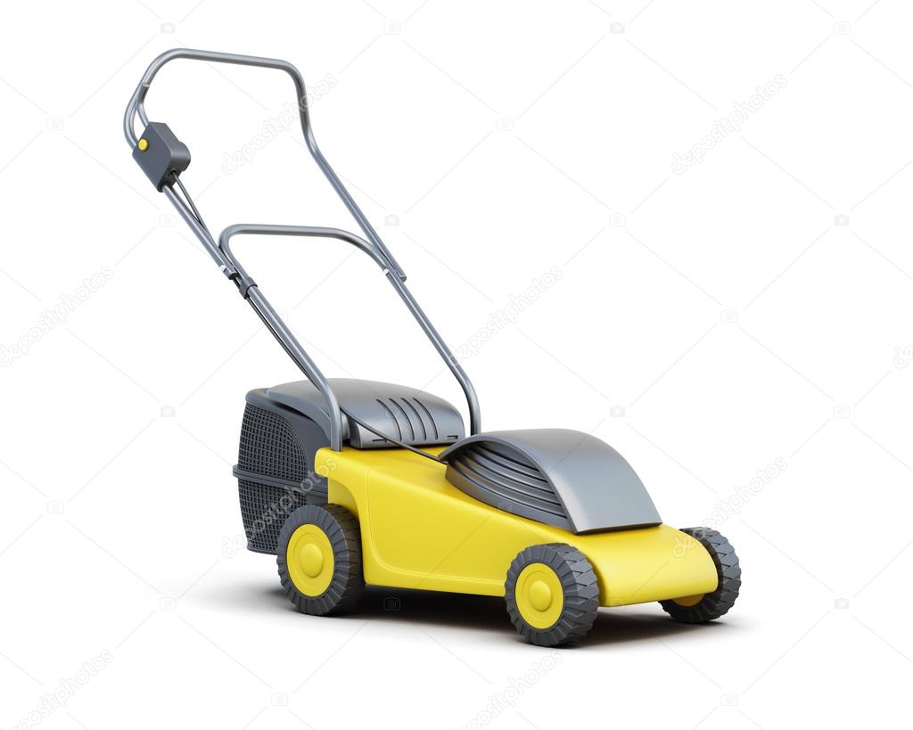 Yellow lawn mower isolated on a white background. Electric lawn — Stock