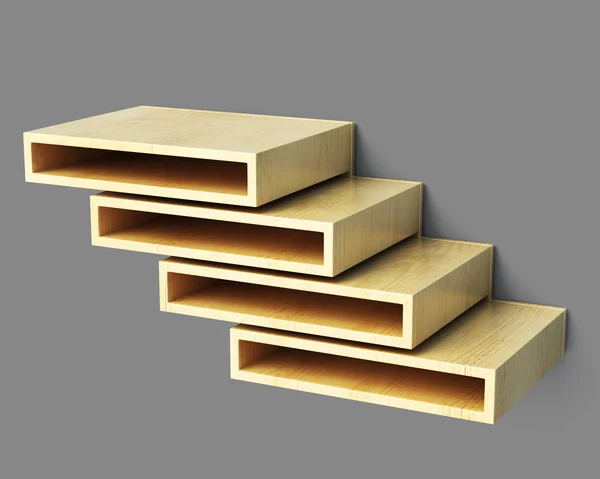 Multilevel shelves on grey background. 3d rendering — Stock Photo, Image