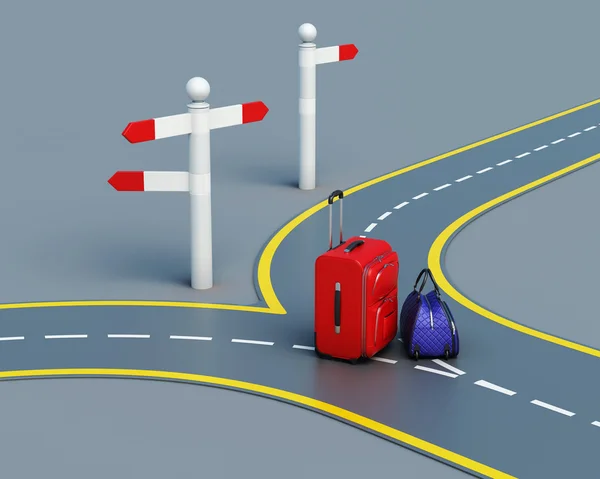 Подорожі концептуальні валізи на дорозі. 3D візуалізація — стокове фото