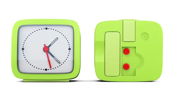Reloj despertador verde con los dos lados aislados en fondo blanco —  Fotos de Stock