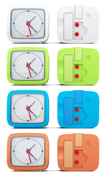 Set of colored alarm clocks on white background. 3d rendering — Stock Photo, Image