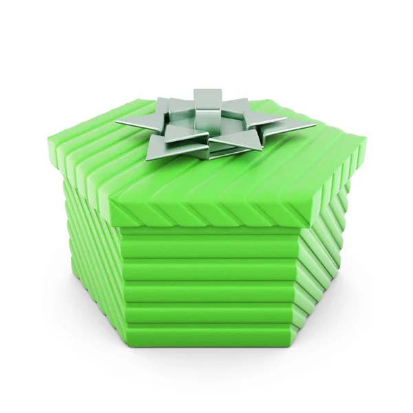 Green gift box with silver bow. 3d rendering. — Stock Photo, Image