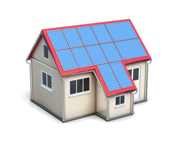 Maison avec batteries solaires sur le toit isolé sur fond blanc — Photo