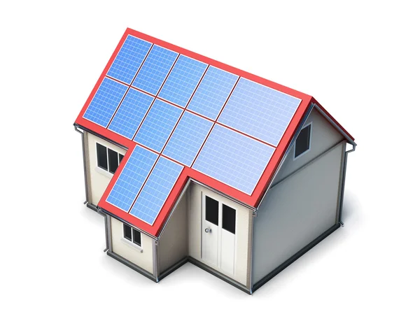 Casa con baterías solares en el techo sobre fondo blanco. 3d r — Foto de Stock