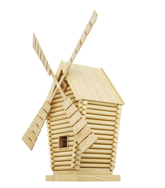 Dřevěný větrný mlýn bokorys izolované na bílém pozadí. 3D rende — Stock fotografie