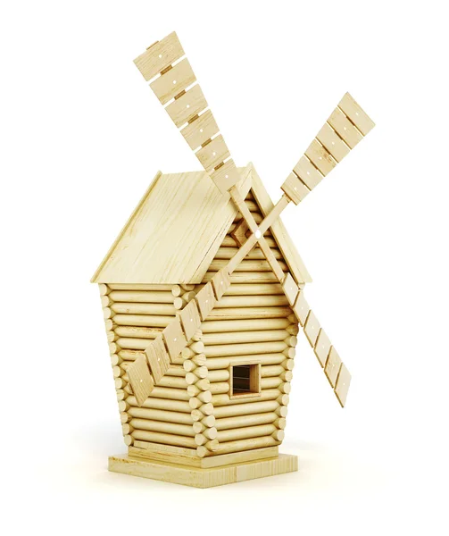 Dřevěný větrný mlýn bokorys izolované na bílém pozadí. 3D rende — Stock fotografie
