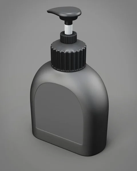 灰色の背景にポンプで黒のボトル — ストック写真