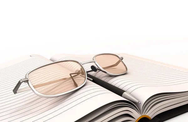 Füllfederhalter Notizbuch und Brille in Großaufnahme — Stockfoto