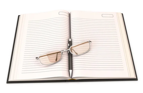 Ноутбук с ручкой и очками — стоковое фото
