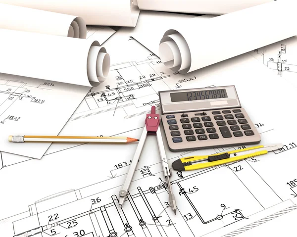 Set of tools in the drawings of the architect — Stock Photo, Image