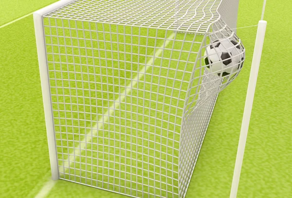 Voetbal bal vliegt in de netto poort — Stockfoto