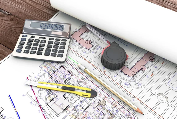 Ferramentas do arquiteto nos desenhos — Fotografia de Stock