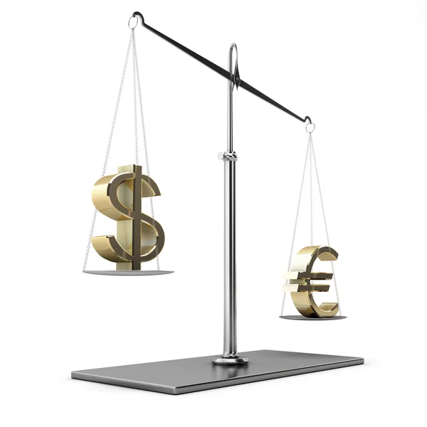 Classic scales of justice with euro and dollar symbols — Stock Photo, Image