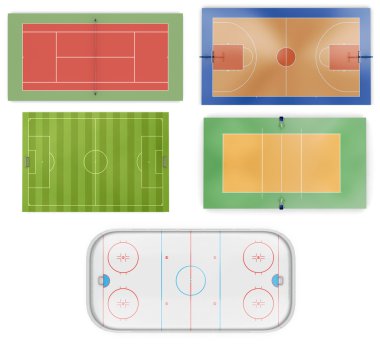 farklı spor alanları üzerinde izole beyaz arka plan ayarlamak