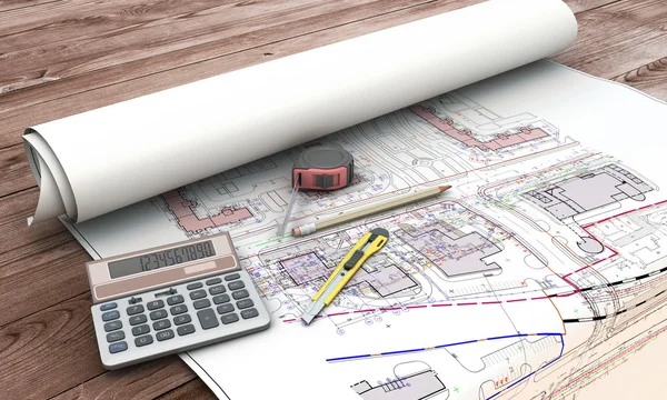 Home extension blueprint plan and tools — Stock Photo, Image