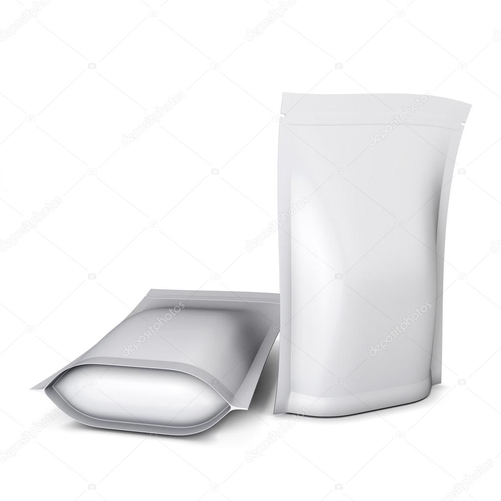 Two blank stand up pouch foil or plastic packaging with zipper