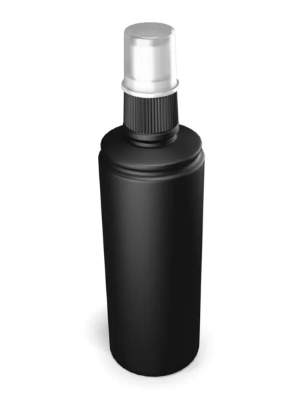 Black plastic bottle with spray on a white — Stock Photo, Image