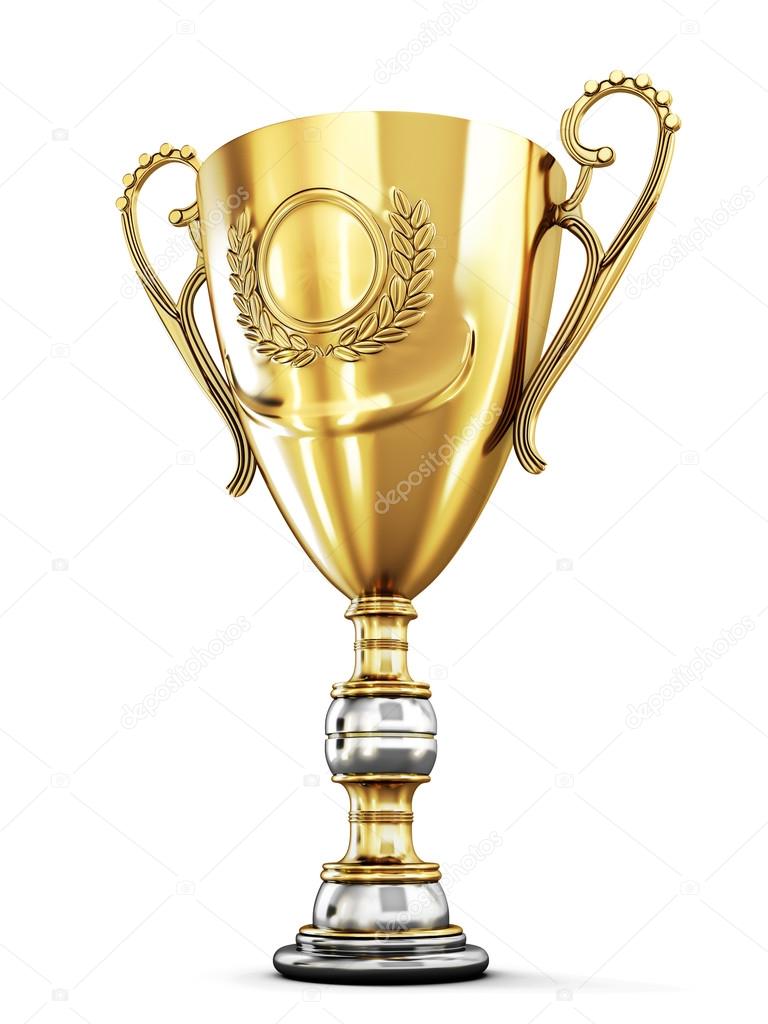 Golden trophy cup on a white