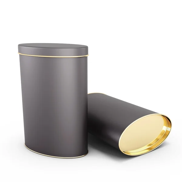 Two black metal tin with place on a white — Stock Photo, Image