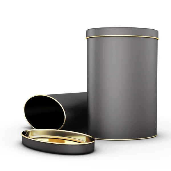 Two black metal tin with place — Stock Photo, Image