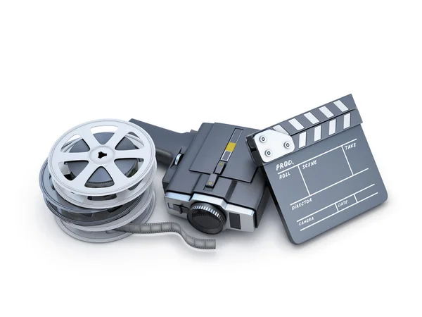 Retro movie camera clapper board and film reel — Stock Photo, Image