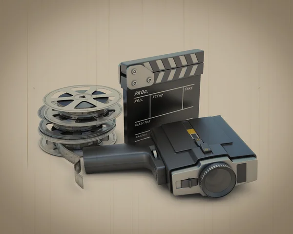 Retro film caméra film clappeur et bobine de film — Photo