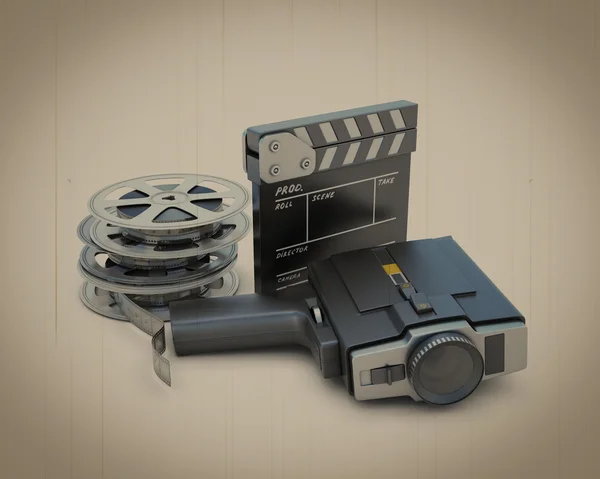 Retro movie camera movie clapper and film reel