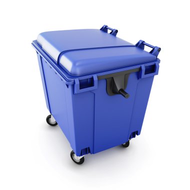 Blue trash can on wheels