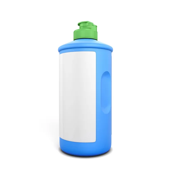 Blue bottle of detergent with label — Stock Photo, Image