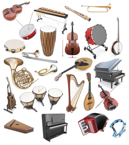 Beyaz bir arka planda müzik aletleri kümesi