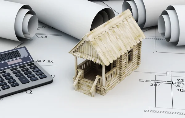 Dessins pour bâtiment et petite maison en bois avec calculatrice — Photo