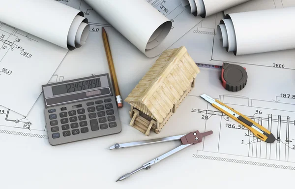 Calculator, tools designer and wooden house on projects — Stock Photo, Image