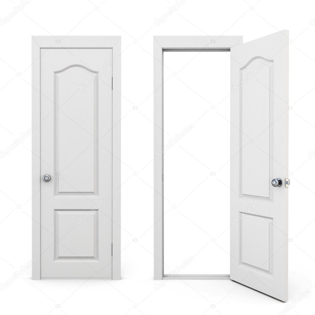 Closed and open door on a white