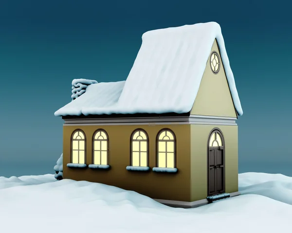 Wieczorem dom z świecące windows i śnieg na dachu — Zdjęcie stockowe