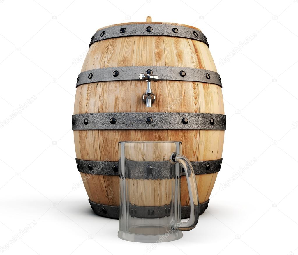 Barrel of beer and empty glass for beer