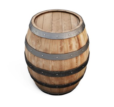 Tahta meşe varili beyaz arkaplanda izole edilmiş.