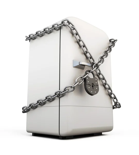 Closed fridge with chain and lock close-up — Stock Photo, Image