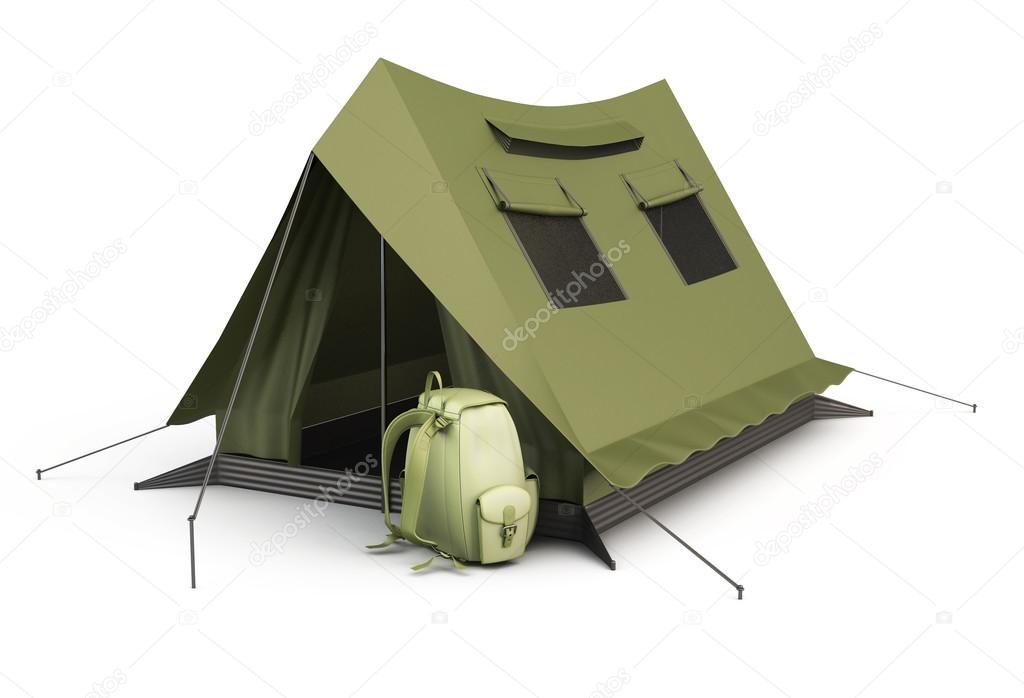 Tourist tent and backpack isolated on white background.