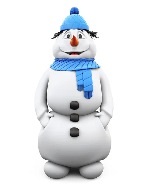 Bonhomme de neige joyeux en chapeau bleu et écharpe. 3d . — Photo