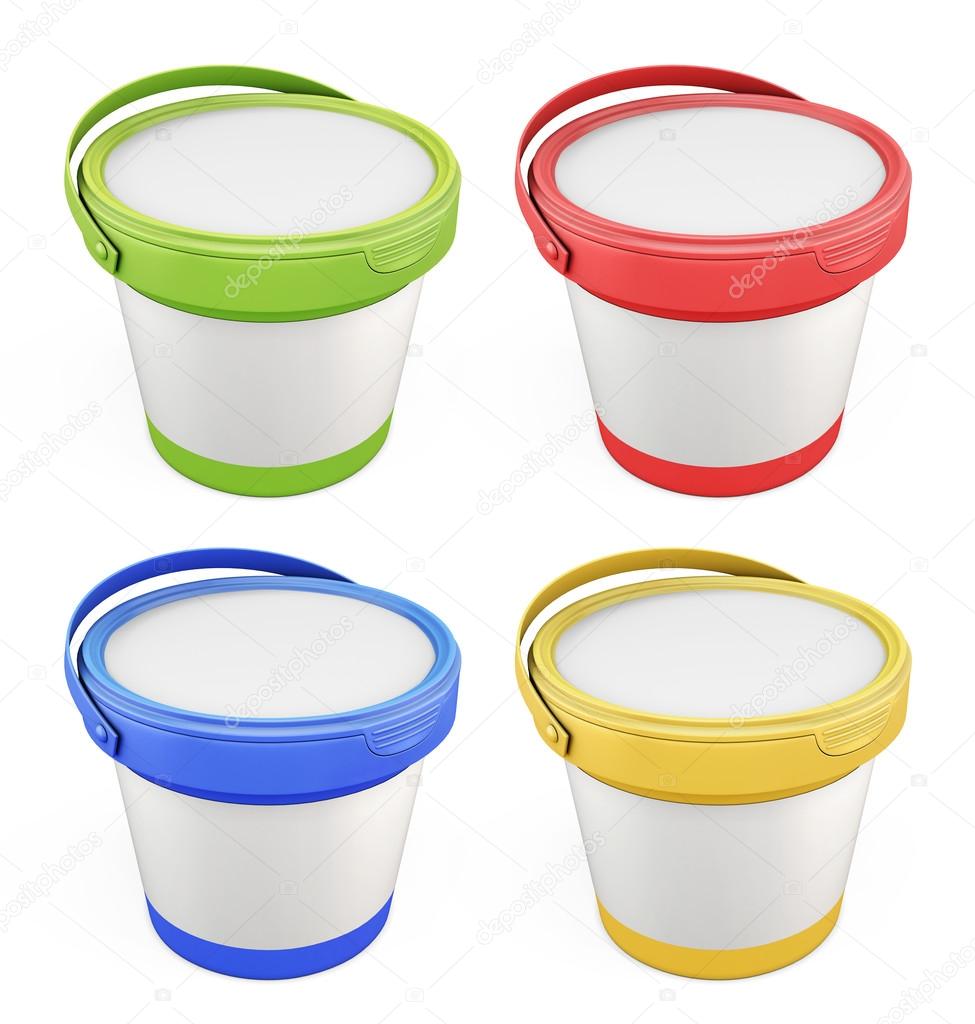 Templates for putty buckets with lids assorted colors isolated on white background. 3d illustration.