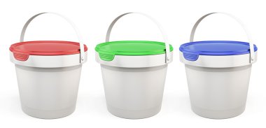 Template plastic buckets with lids various colors. 3d. clipart