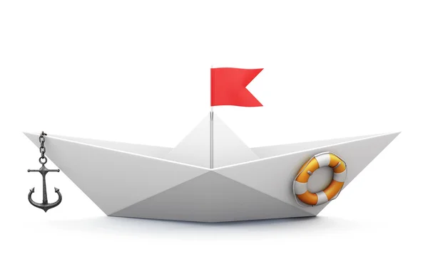 Орігамі човен з паперу з якорем і рятувальною лінією — стокове фото