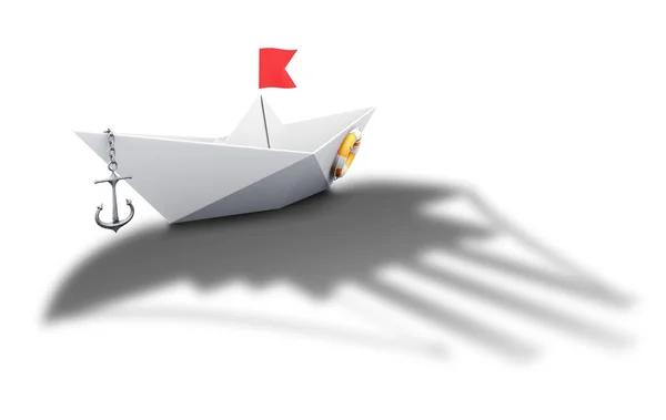 Paper boat origami with the shadow of a large ship - conceptual — Stock Photo, Image