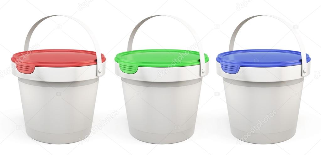 Template plastic buckets with lids various colors isolated on white background. 3d illustration.