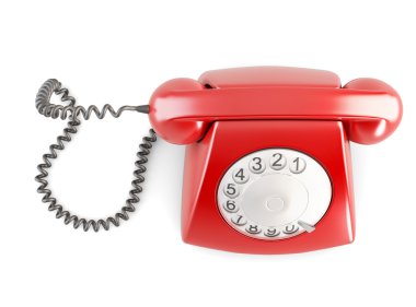Kırmızı döner vintage telefon. Üstten Görünüm. 3D çizim.
