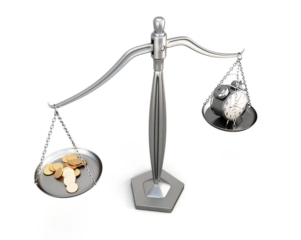 Watch and money on scales on a white. 3d. — Stock Photo, Image