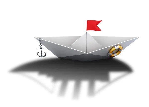 Paper boat with the shadow of a large ship. 3d. — Stock Photo, Image